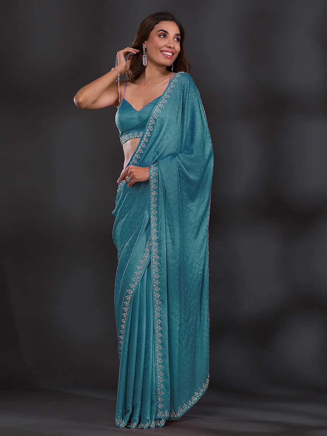 

Trendmalls Embellished Beads and Stones Satin Saree, Teal