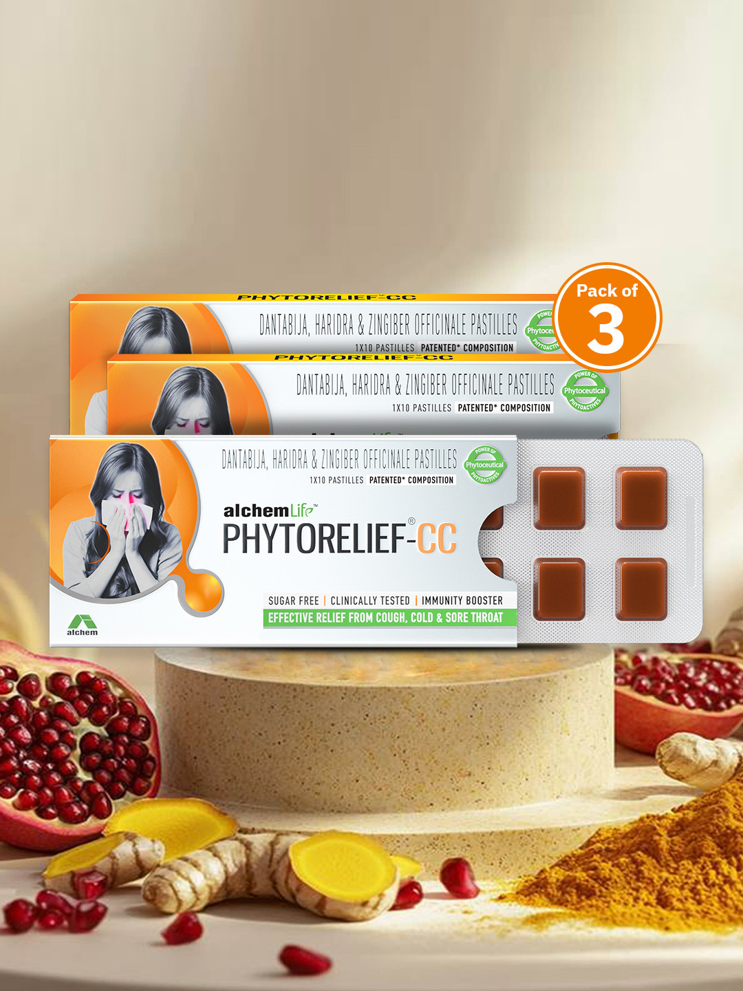 

Alchem Set Of 3 Phytorelief-CC Immunity Lozenges For Cough- 10 Pastilles Each, Brown