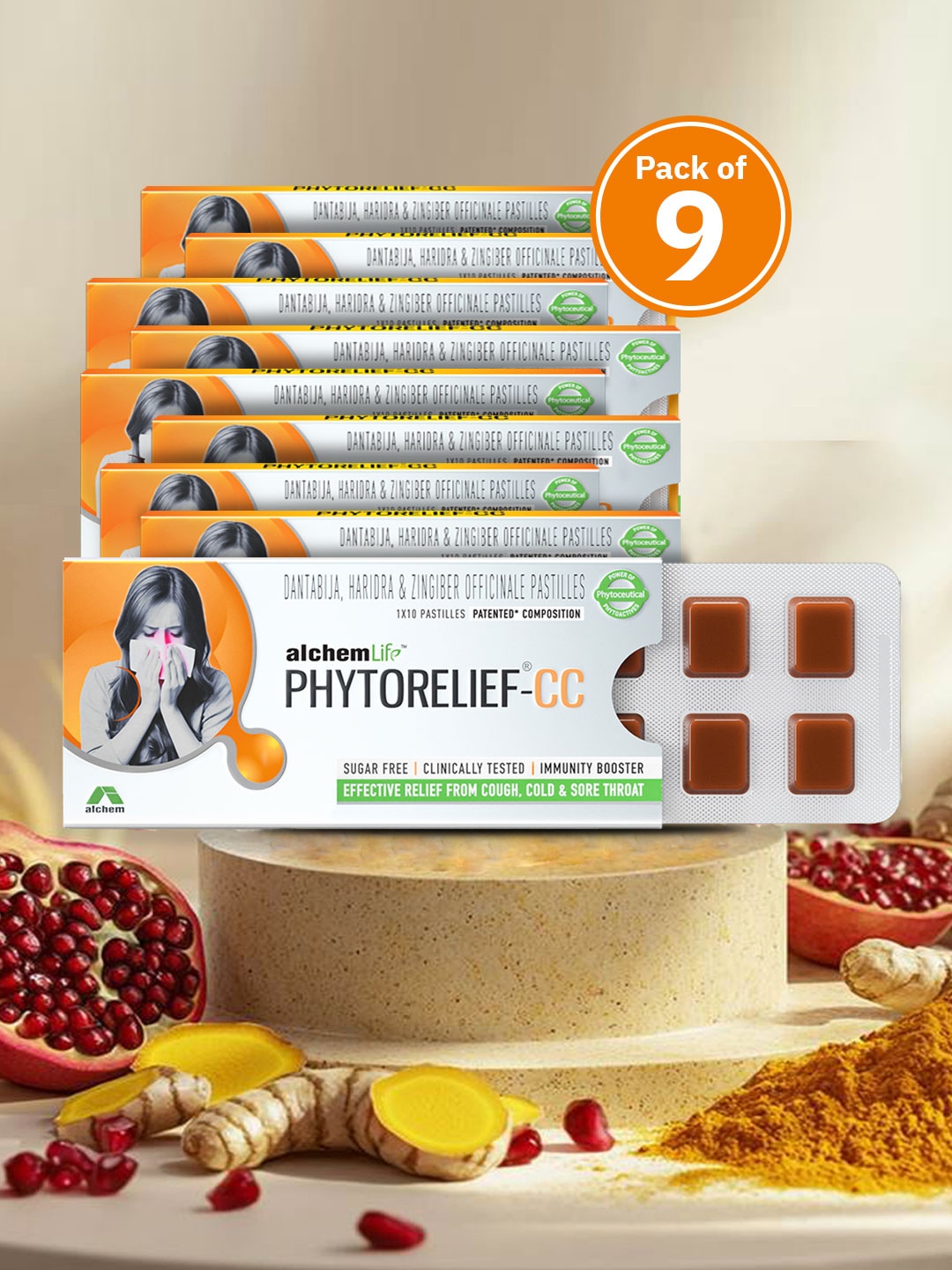 

Alchem Set Of 9 Phytorelief-CC Immunity Lozenges For Cough- 10 Pastilles Each, Brown