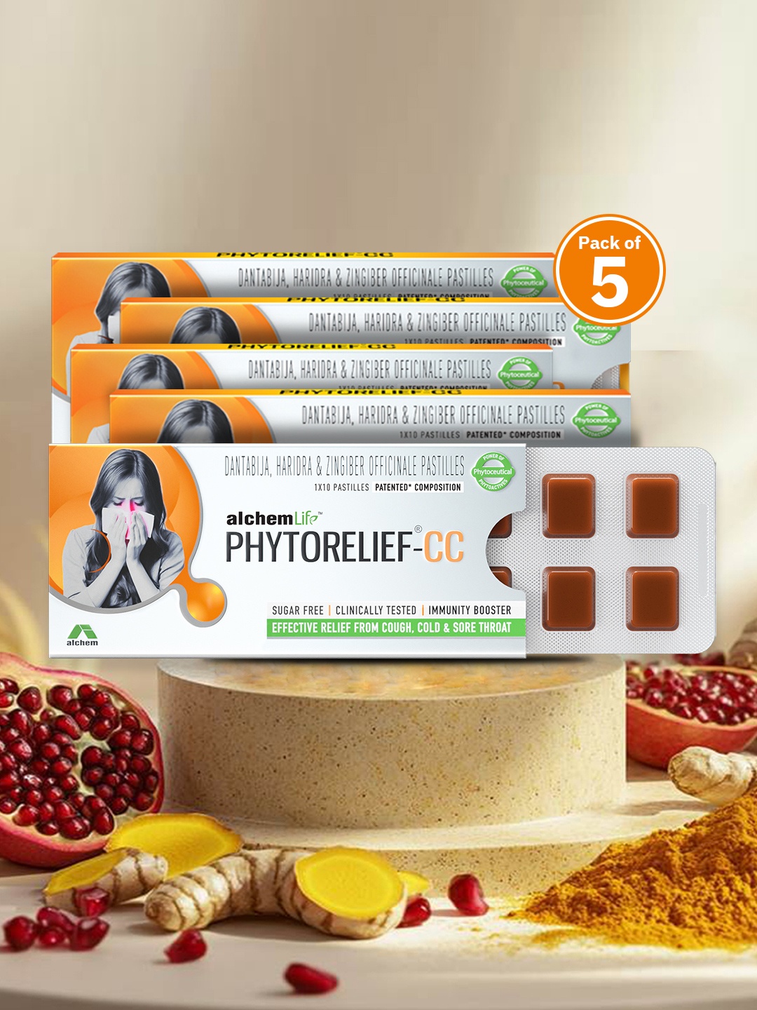 

Alchem Set Of 5 Phytorelief-CC Immunity Lozenges For Cough-10 Pastilles Each, Brown