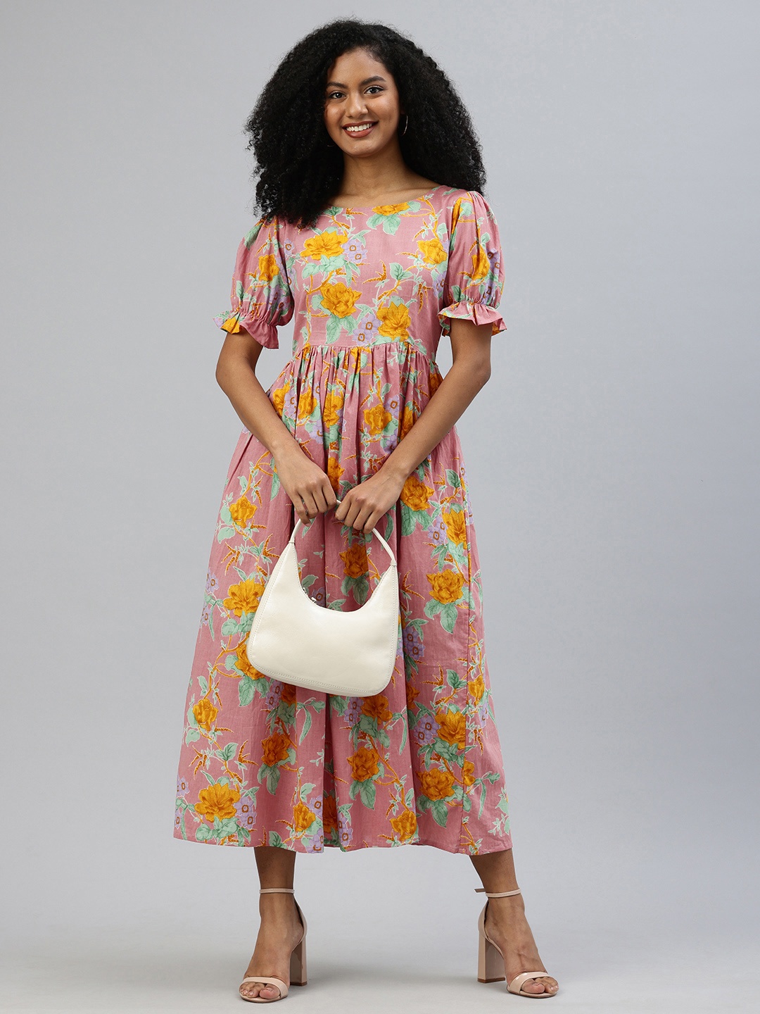 

Swishchick Floral Print Puff Sleeve Fit & Flare Midi Dress, Pink