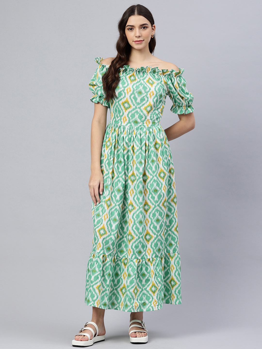 

Swishchick Printed Off-Shoulder Fit & Flare Maxi Dress, White