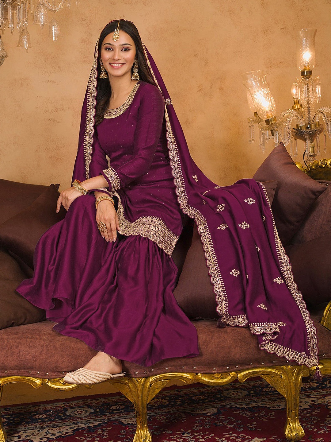 

Trendmalls Floral Embroidered Sequinned Anarkali Kurta & Sharara With Dupatta, Purple