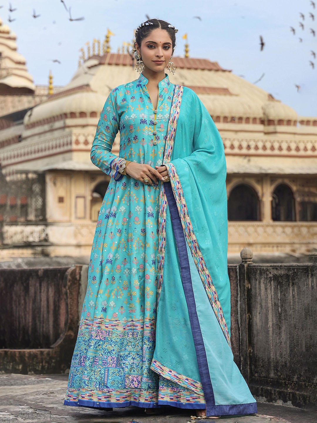 

SCAKHI Women Printed Anarkali Ethnic Dress With Dupatta, Turquoise blue