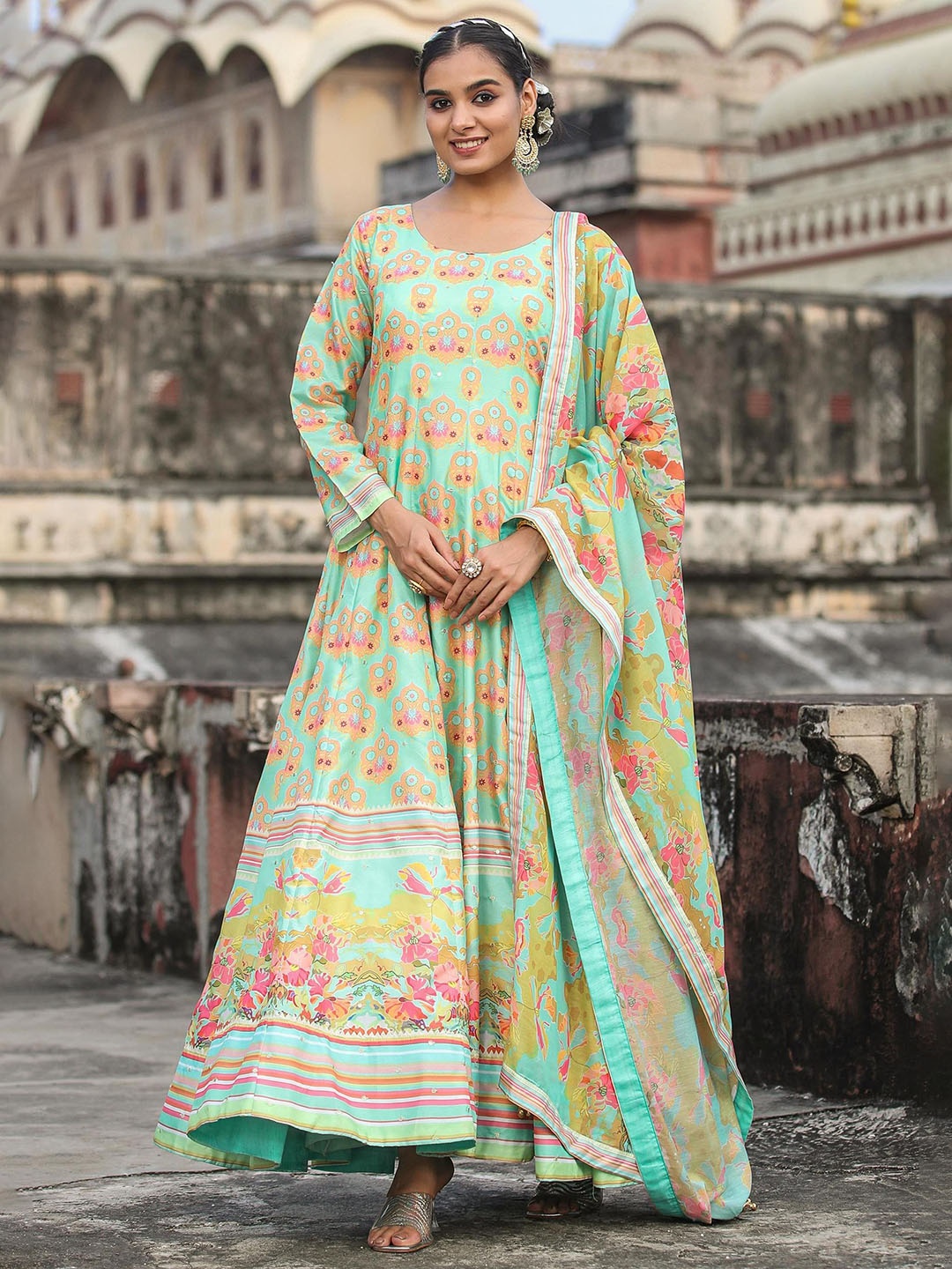 

SCAKHI Floral Printed Embellished Anarkali Ethnic Dress With Dupatta, Sea green