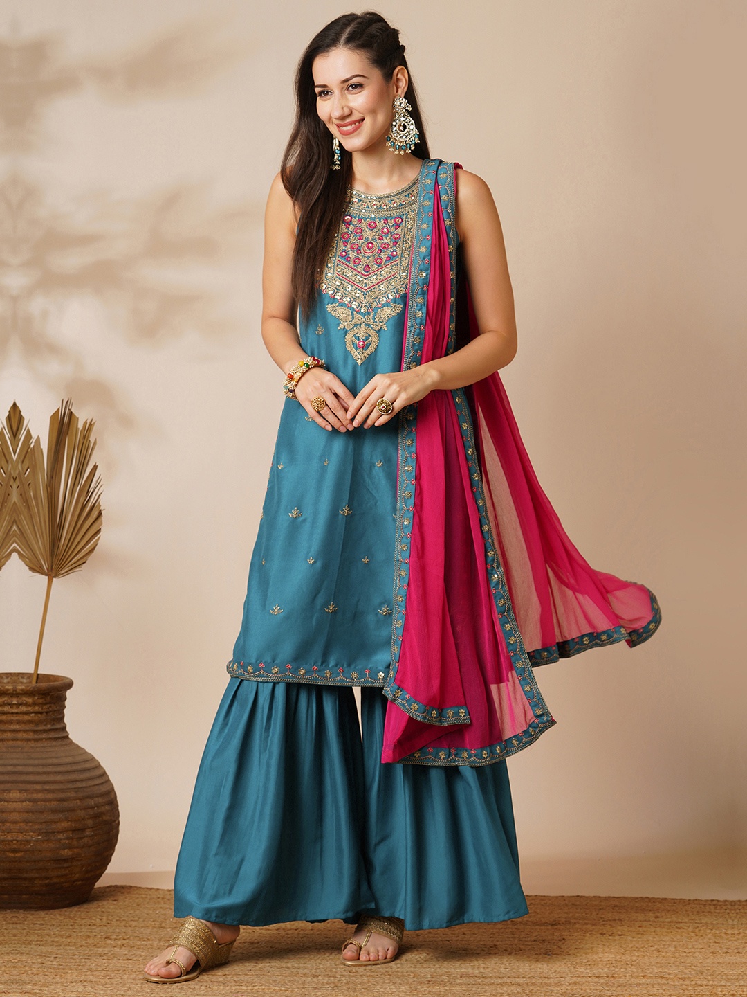 

Globus Ethnic Motifs Yoke Design Sequinned Straight Kurta With Sharara & Dupatta, Teal