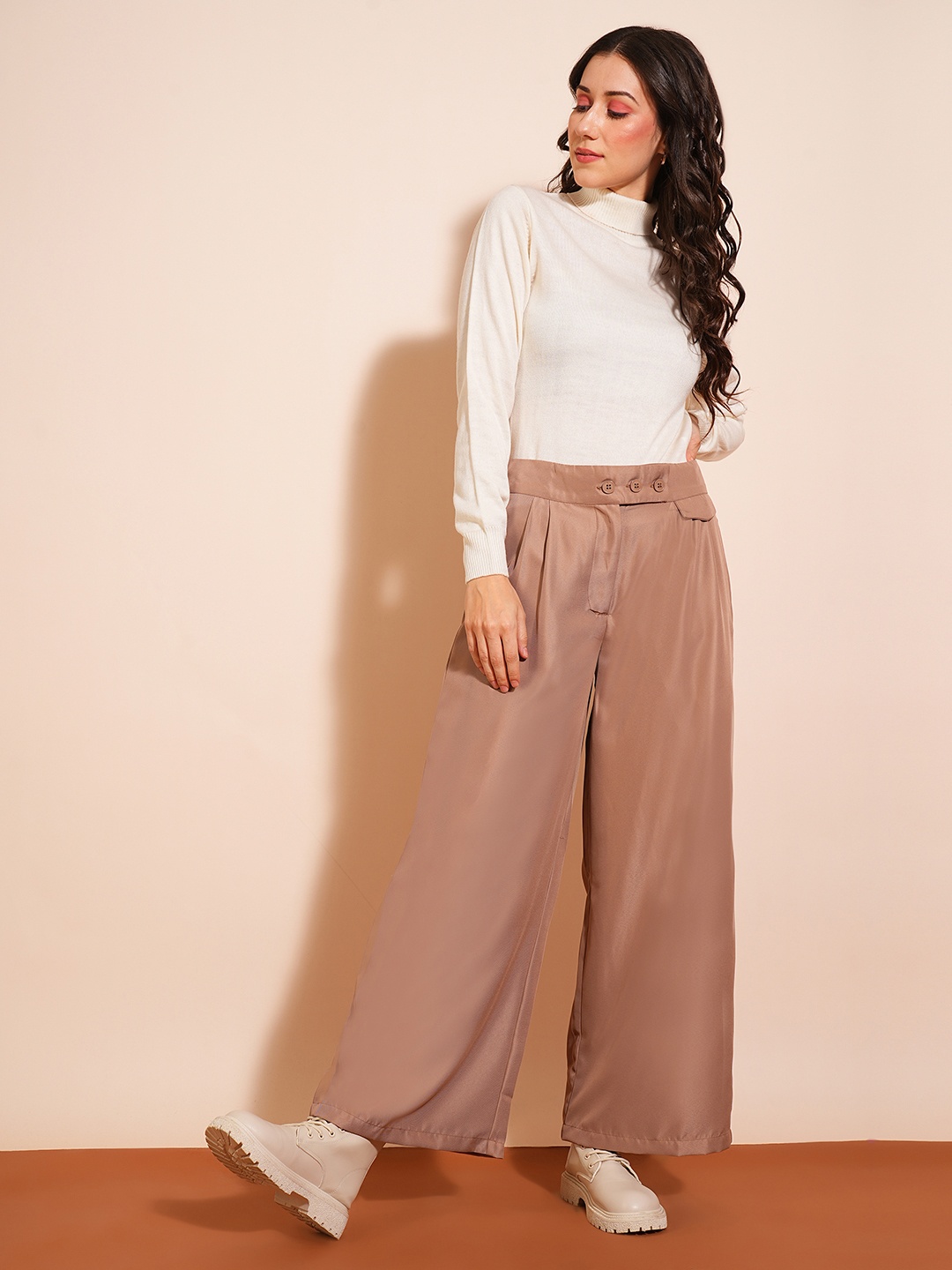 

Globus Women Solid Flared High-Rise Pleated Trousers, Khaki