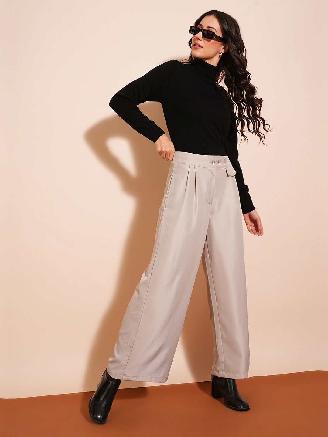 

Globus Women Solid Flared High-Rise Pleated Formal Trousers, Grey