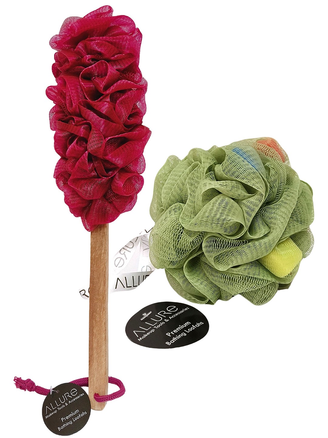 

Allure Pack of 2 Assorted Colored wooden Bath Brush & Loofah sponge