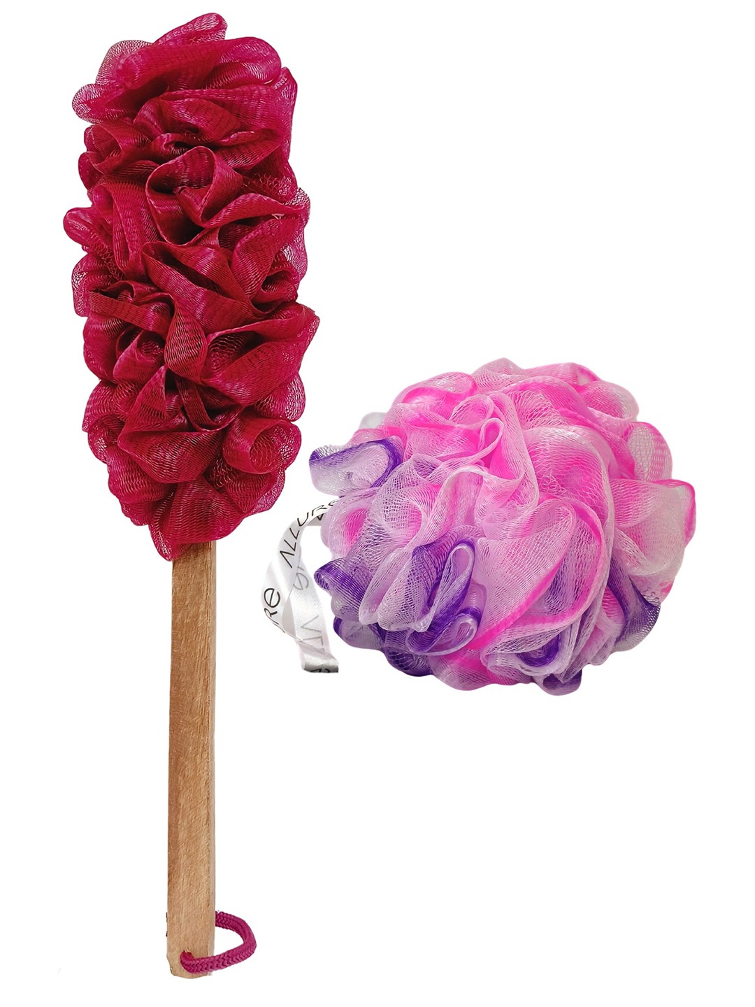 

Allure Pack of 2 Assorted Dual Colored Wooden Bath Brush & Loofah, Red