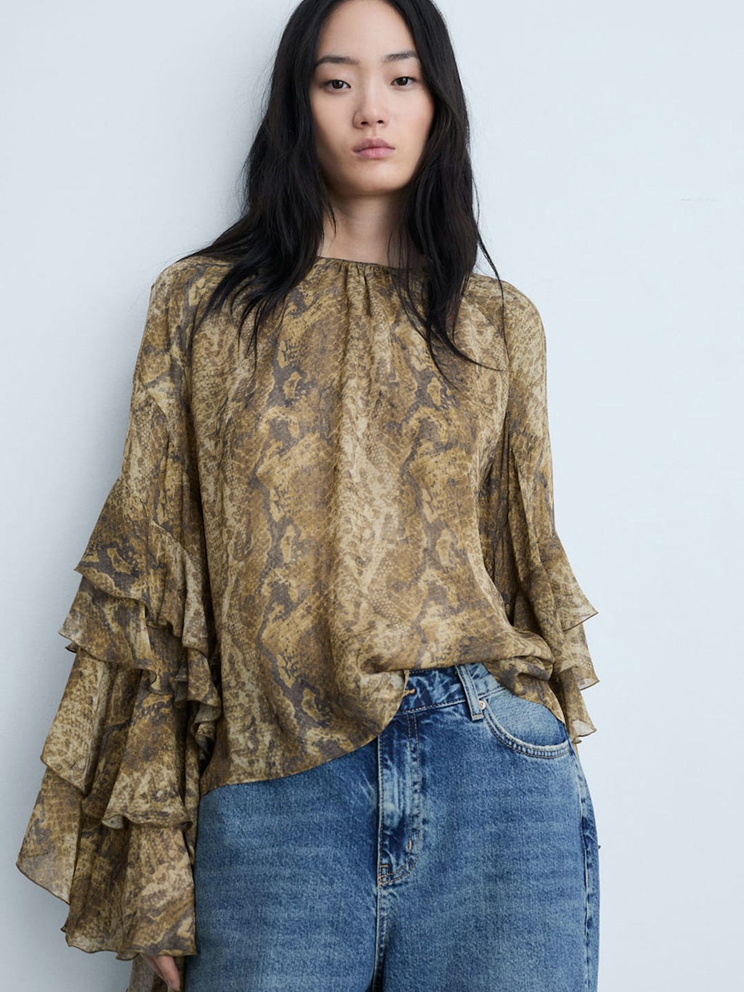 

MANGO Snake Skin Print Ruffled Detail Cape Sleeves Top, Brown