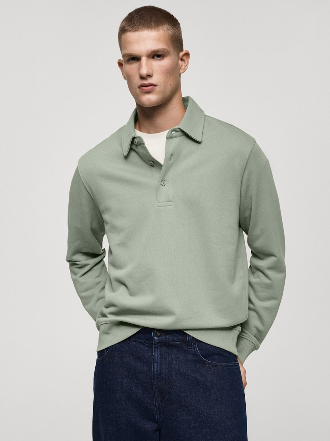 

MANGO MAN Polo Collar Pure Cotton Sweatshirt, Green