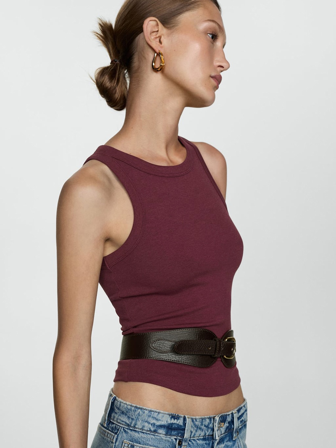 

MANGO Ribbed Crop Top, Burgundy