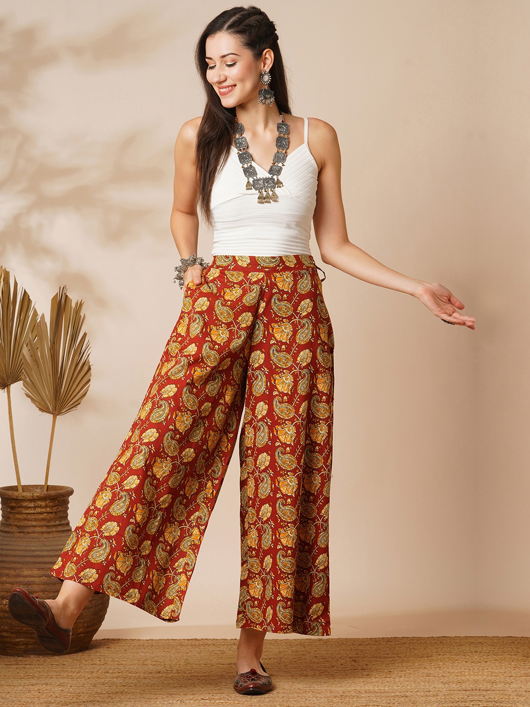 

Globus Women Paisley Printed Flared Slip-On Palazzos, Maroon