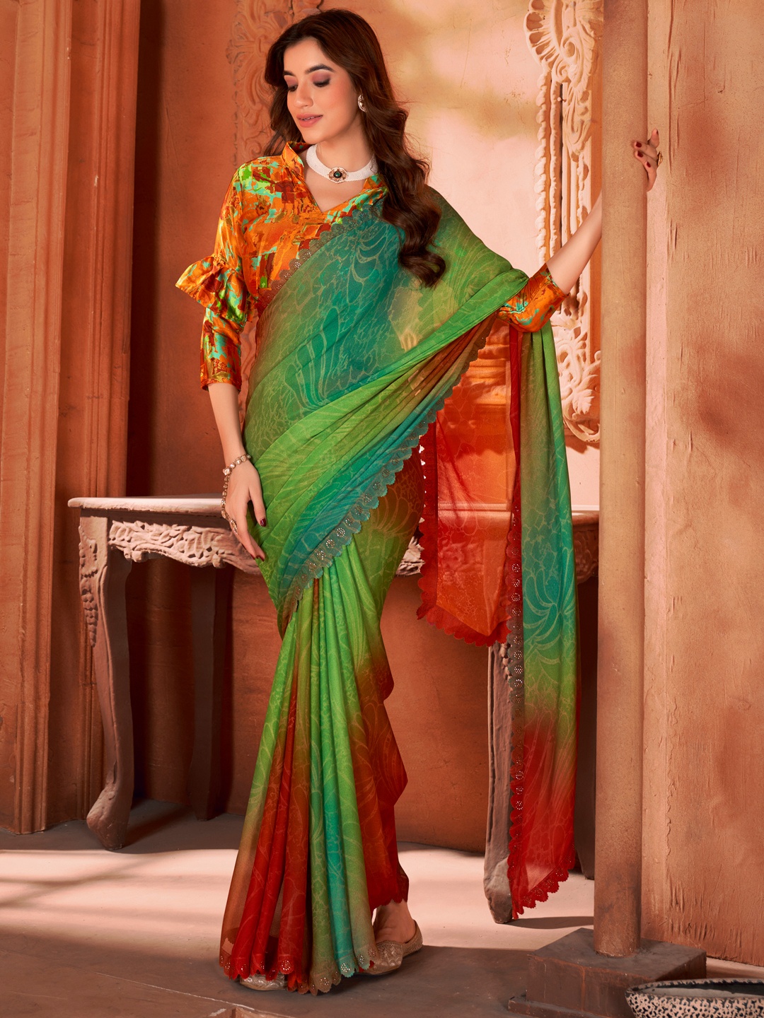 

CHUDIYA Women Beads and Stones Pure Georgette Saree, Green