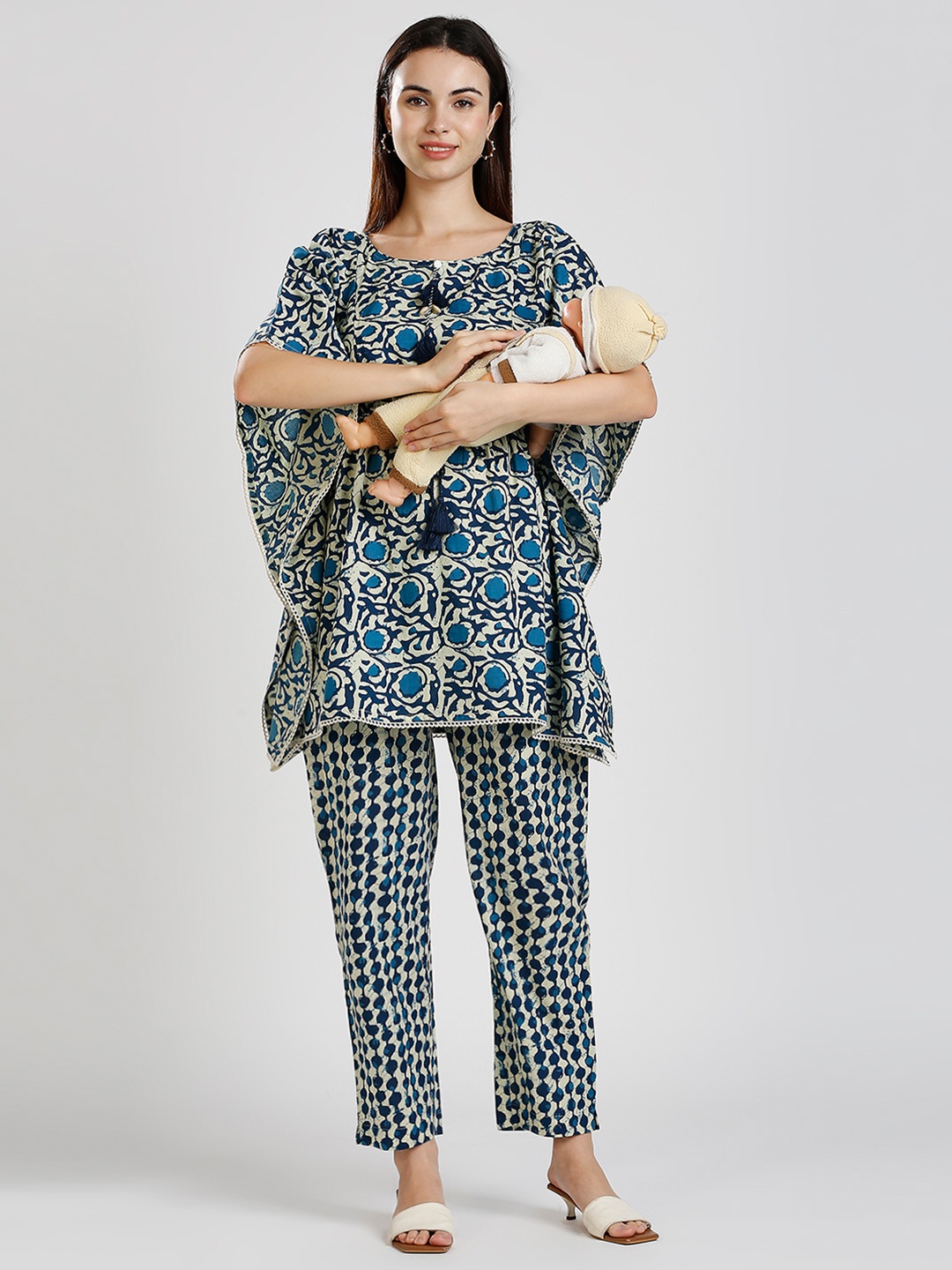 

True Shape Printed Pure Cotton Maternity Kaftan Tunic With Trousers, Blue