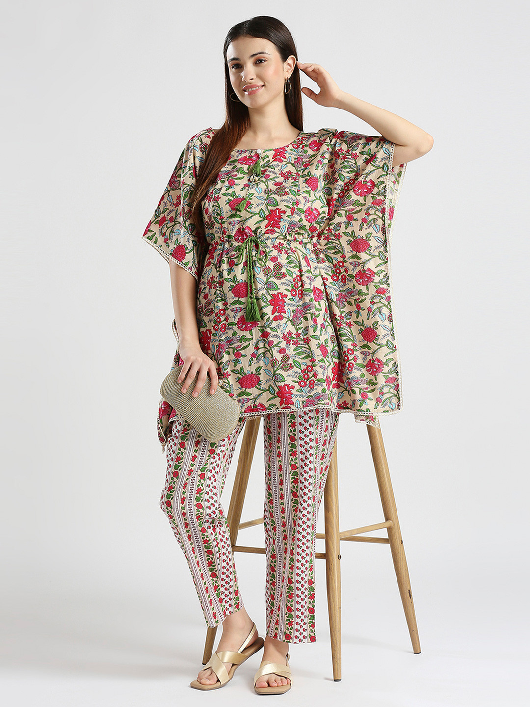 

True Shape Printed Pure Cotton Maternity Kaftan Tunic With Trousers, Pink