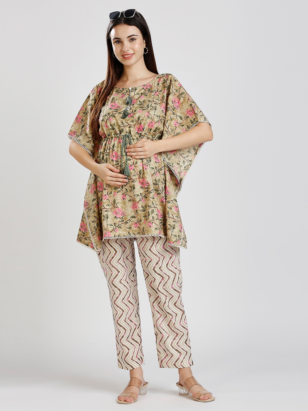 

True Shape Printed Pure Cotton Maternity Kaftan Tunic With Trousers, Green
