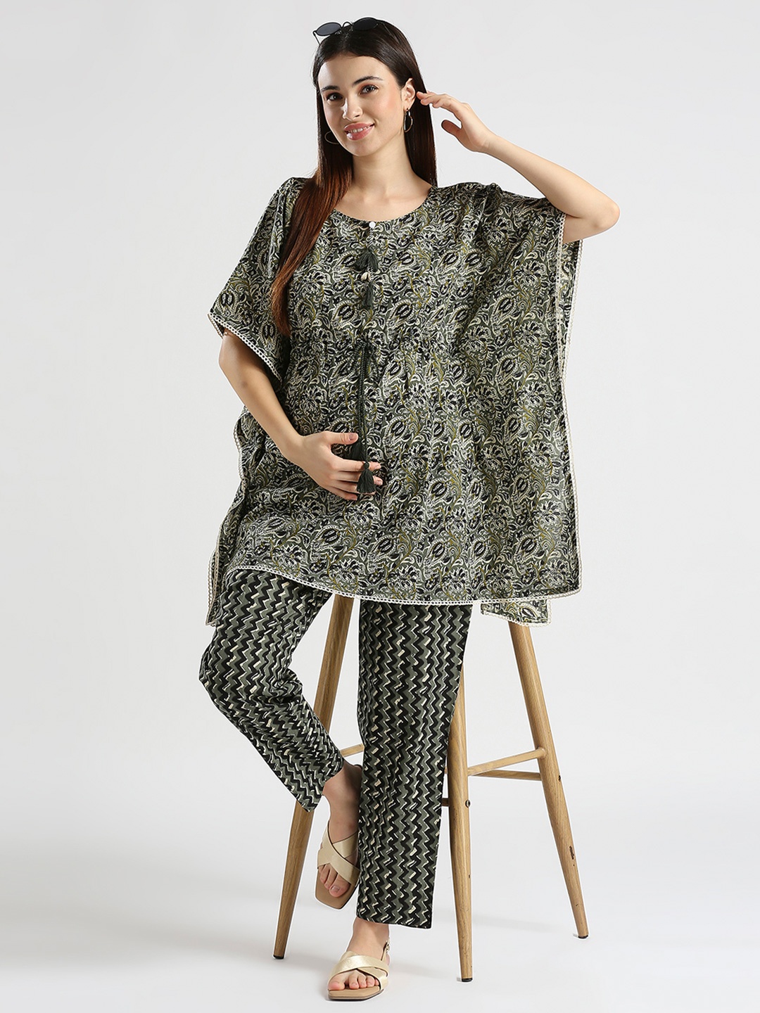 

True Shape Floral Printed Pure Cotton Kaftan Top With Trouser, Olive