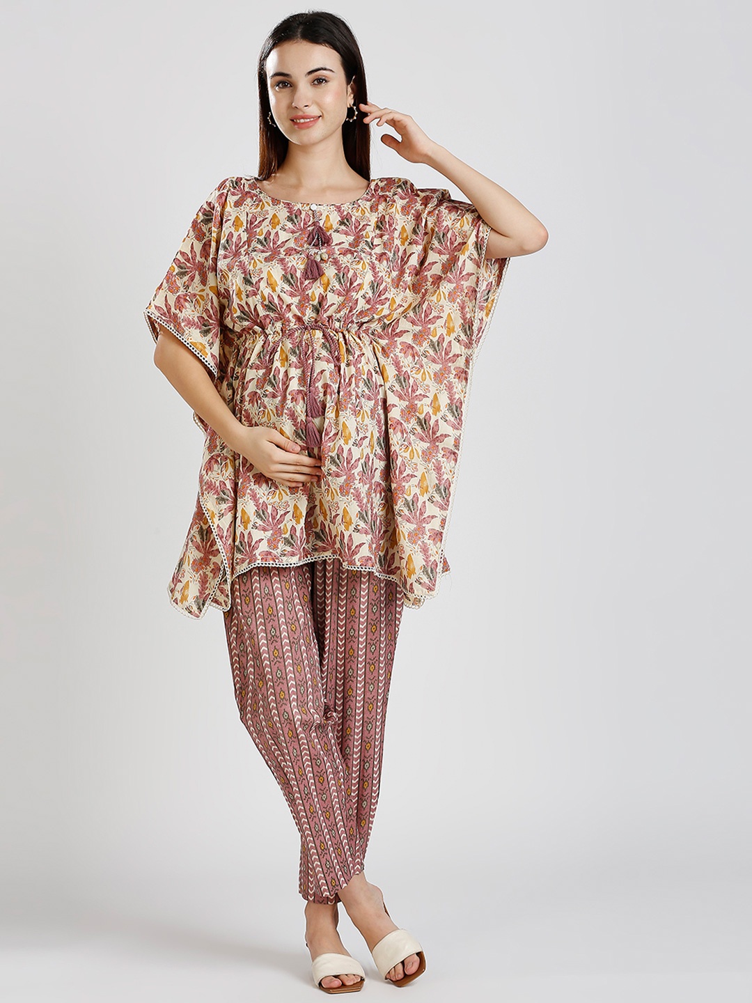 

True Shape Printed Pure Cotton Maternity Kaftan Tunic & Trousers, Violet