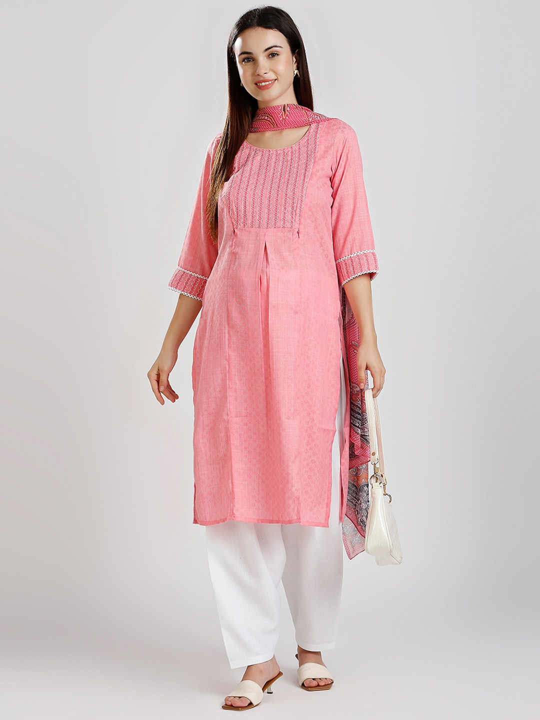 

DUMMY SHAPE Geometric Embroidered Maternity Straight Kurta With Patiala & Dupatta, Pink