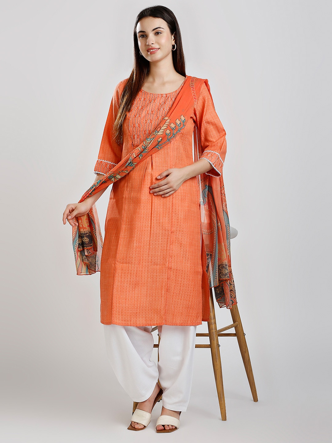 

DUMMY SHAPE Geometric Embroidered Pleated Maternity Straight Kurta with Patiala & Dupatta, Orange