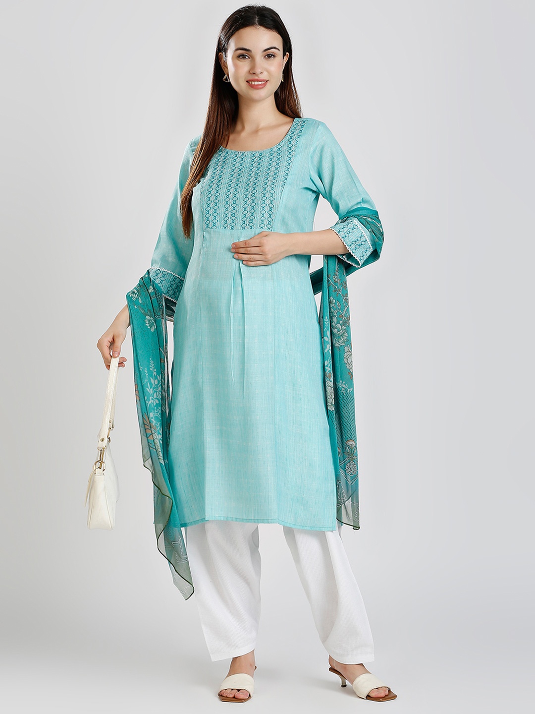 

DUMMY SHAPE Ethnic Motifs Embroidered Pleated Maternity Kurta With Patiala & Dupatta, Blue