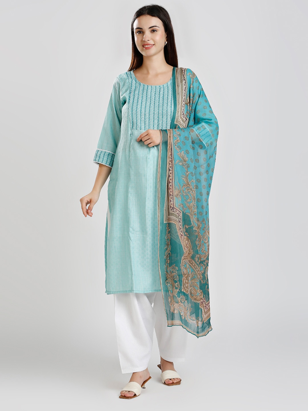 

DUMMY SHAPE Geometric Embroidered Pleated Maternity Straight Kurta with Patiala & Dupatta, Blue