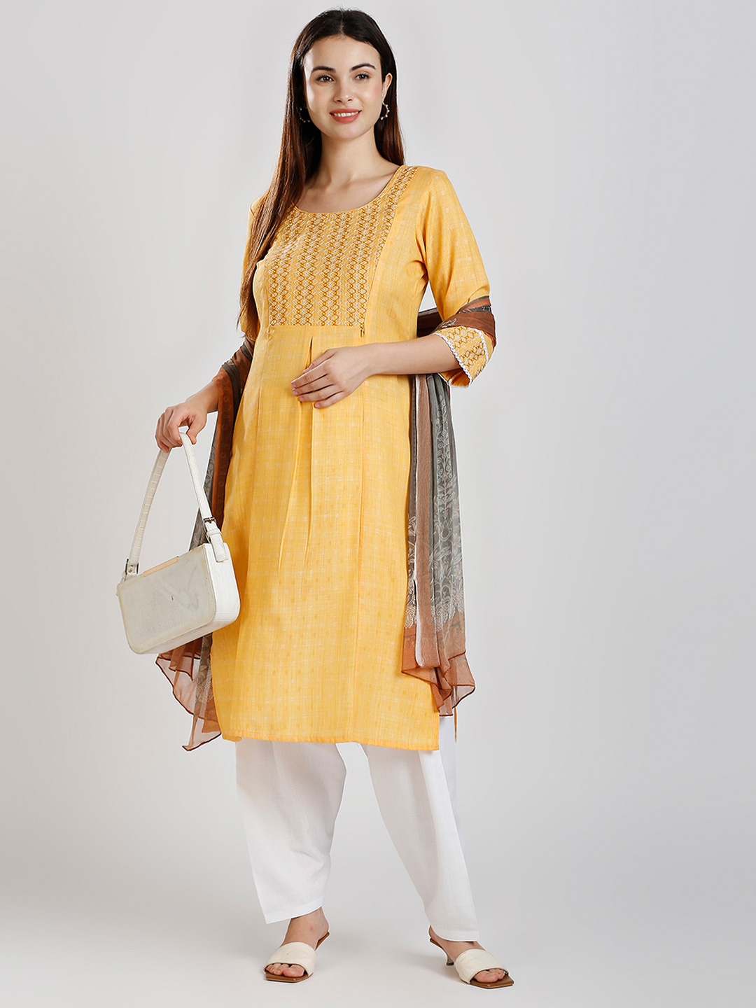 

DUMMY SHAPE Geometric Embroidered Pleated Maternity Straight Kurta with Patiala & Dupatta, Yellow