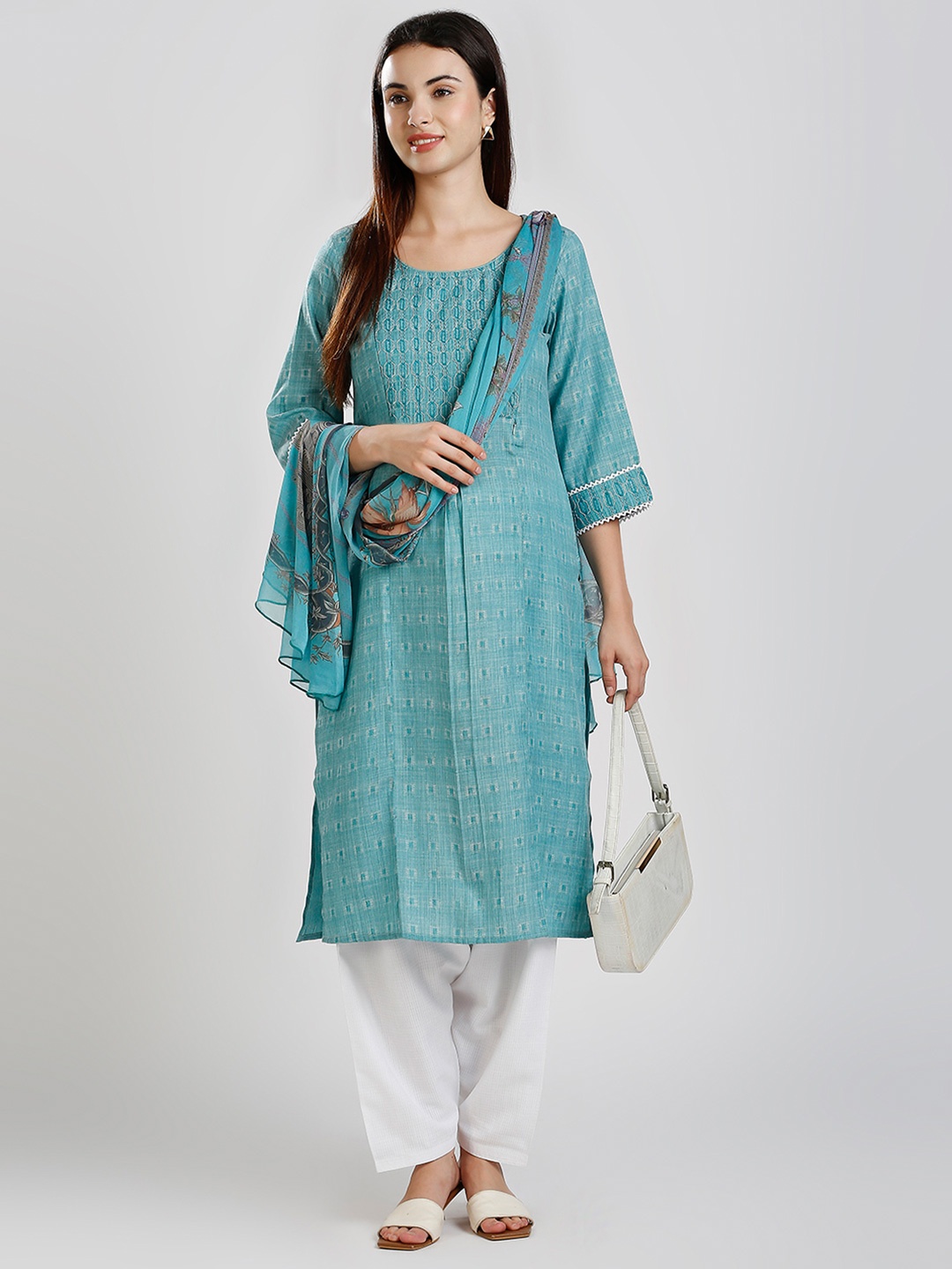 

DUMMY SHAPE Geometric Embroidered Maternity A-Line Kurta With Patiala & Dupatta, Blue