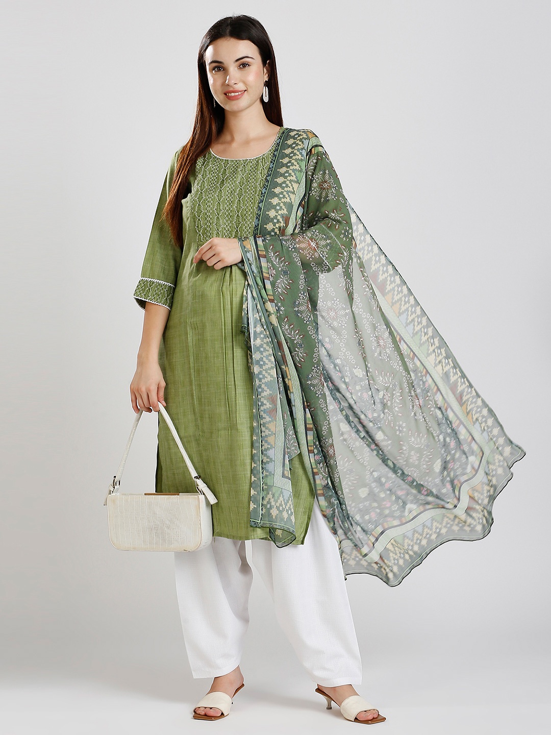 

DUMMY SHAPE Geometric Embroidered Pleated Maternity Straight Kurta with Patiala & Dupatta, Green