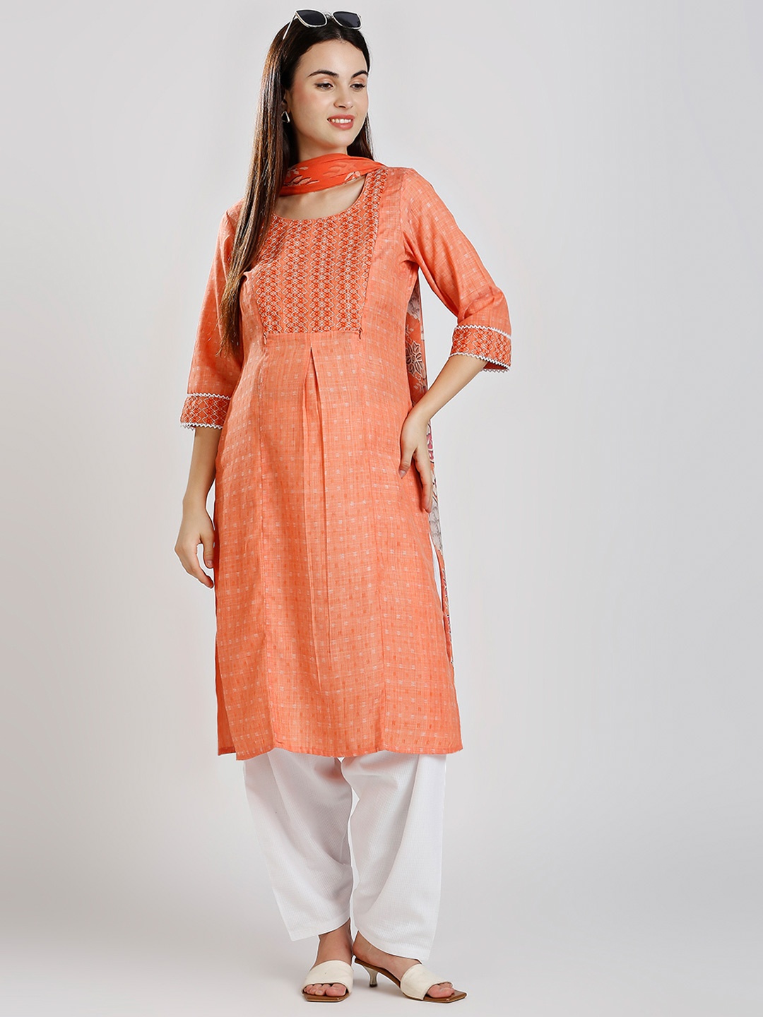 

DUMMY SHAPE Ethnic Motifs Embroidered Maternity Kurta With Patiala & Dupatta, Orange