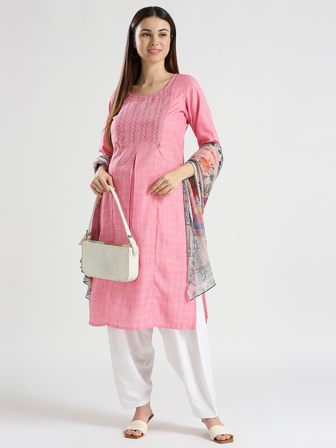 

DUMMY SHAPE Ethnic Motifs Embroidered Maternity A-Line Kurta With Patiala & Dupatta, Pink