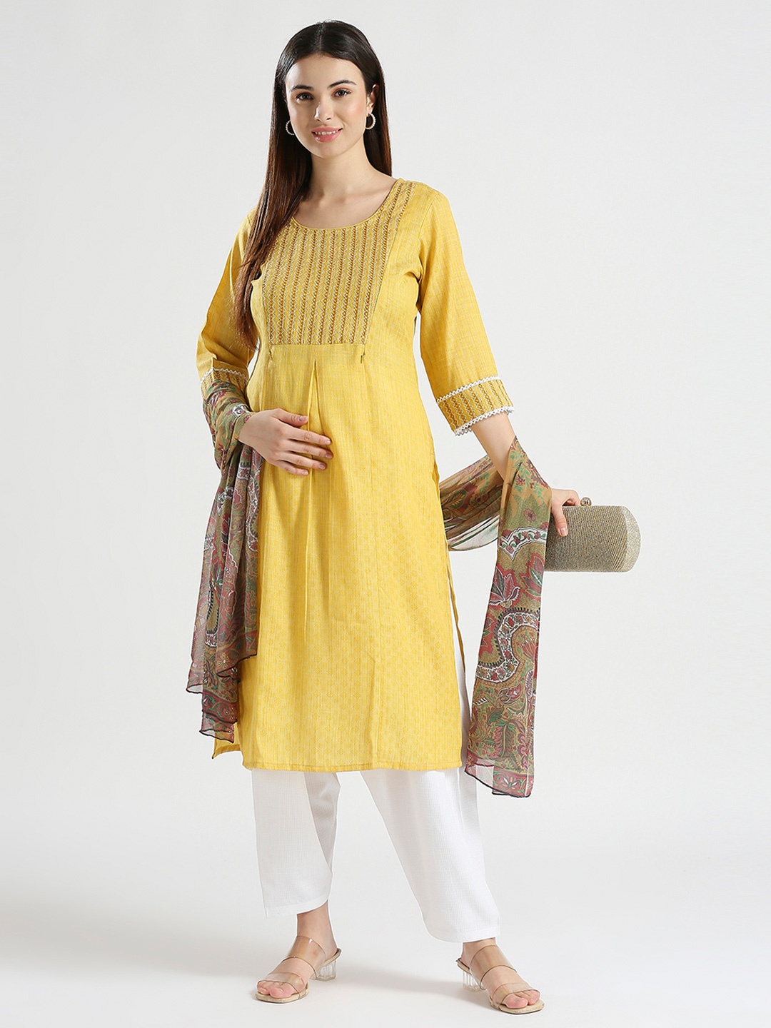 

DUMMY SHAPE Ethnic Motifs Embroidered Pleated Kurta With Patiala & Dupatta, Yellow