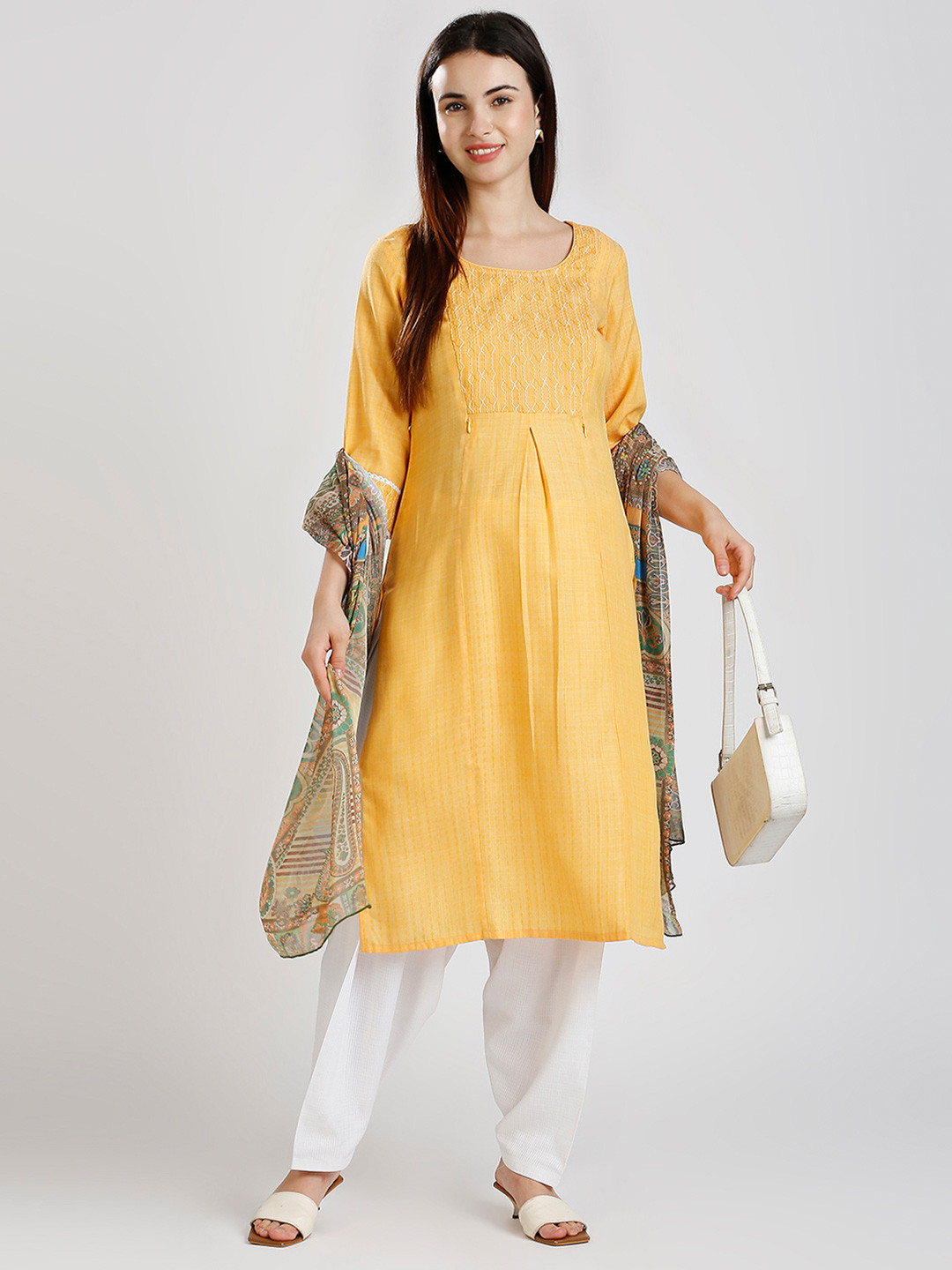 

DUMMY SHAPE Ethnic Motifs Embroidered Maternity A-Line Kurta With Patiala & Dupatta, Yellow