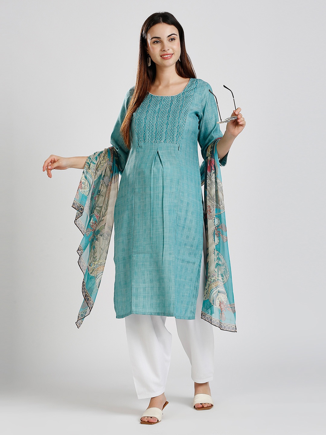 

DUMMY SHAPE Geometric Embroidered Pleated Maternity Straight Kurta with Patiala & Dupatta, Blue