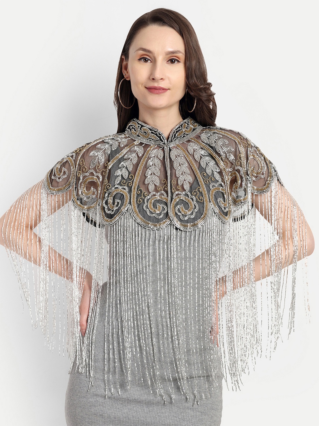 

HAUTEMODA Embellished Beaded Cape Poncho, Black