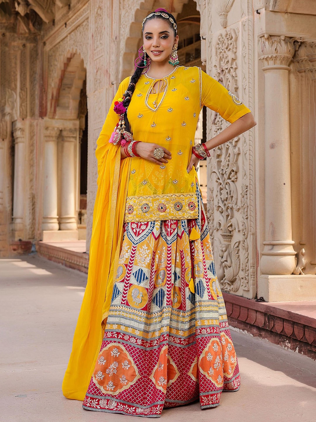 

SCAKHI Embellished Beads and Stones Ready to Wear Lehenga & Blouse With Dupatta, Yellow