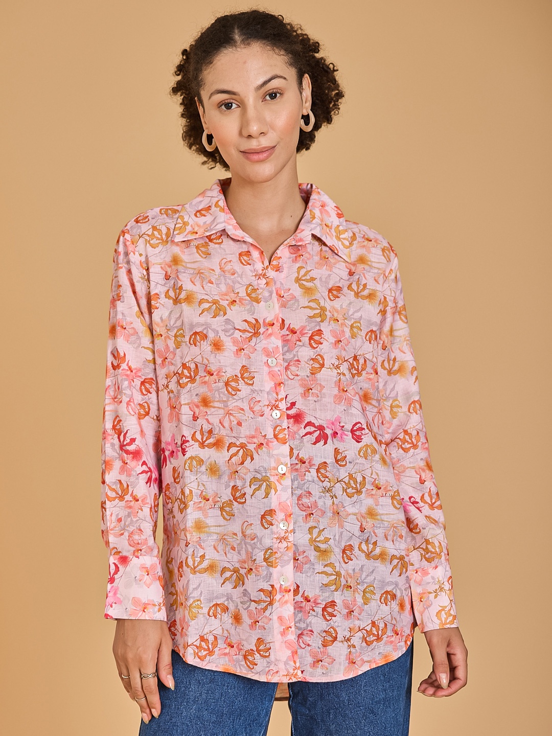 

Urban Sundari Women Floral Opaque Printed Casual Shirt, Pink