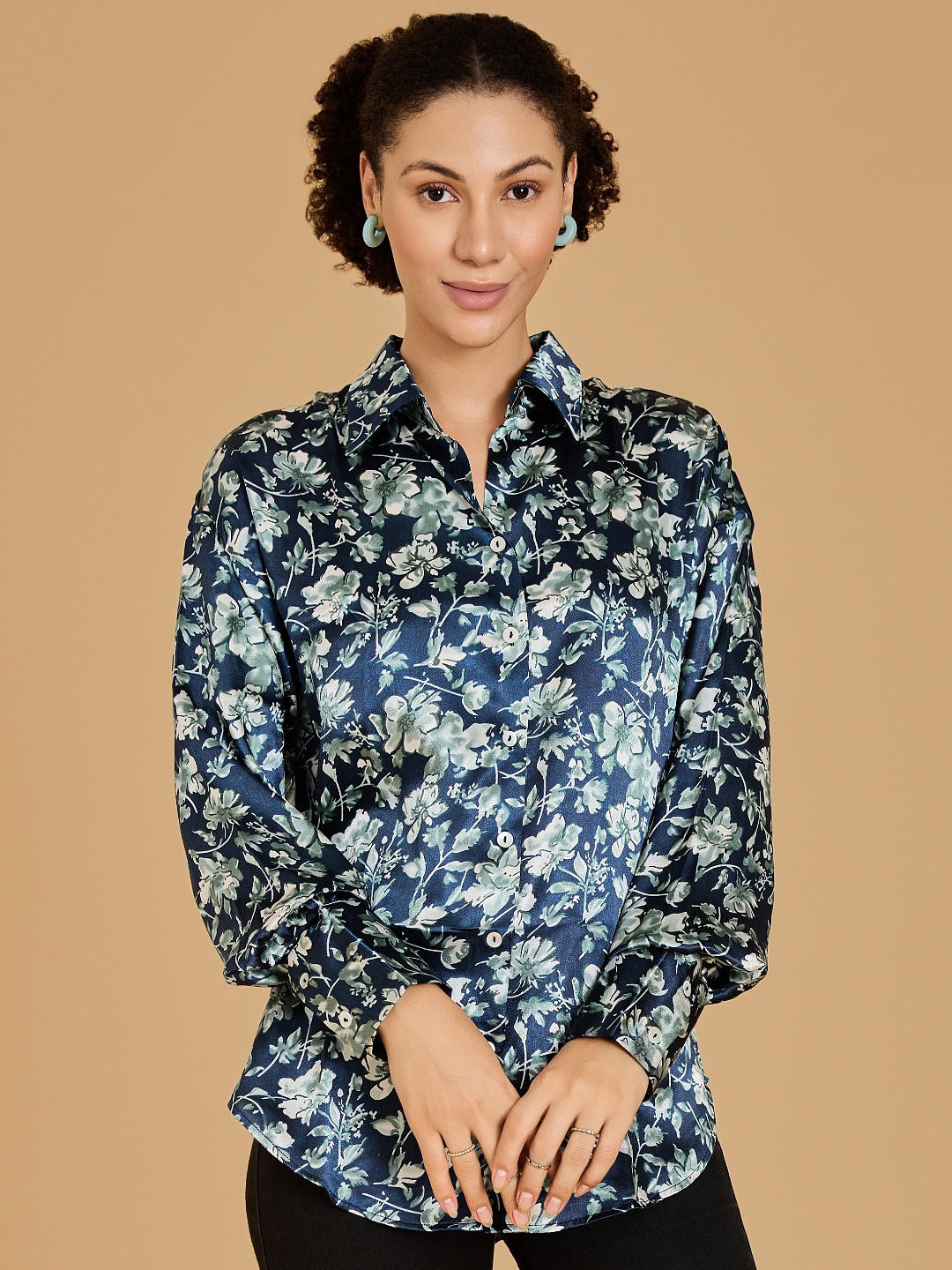 

Urban Sundari Women Floral Printed Satin Shirt, Blue