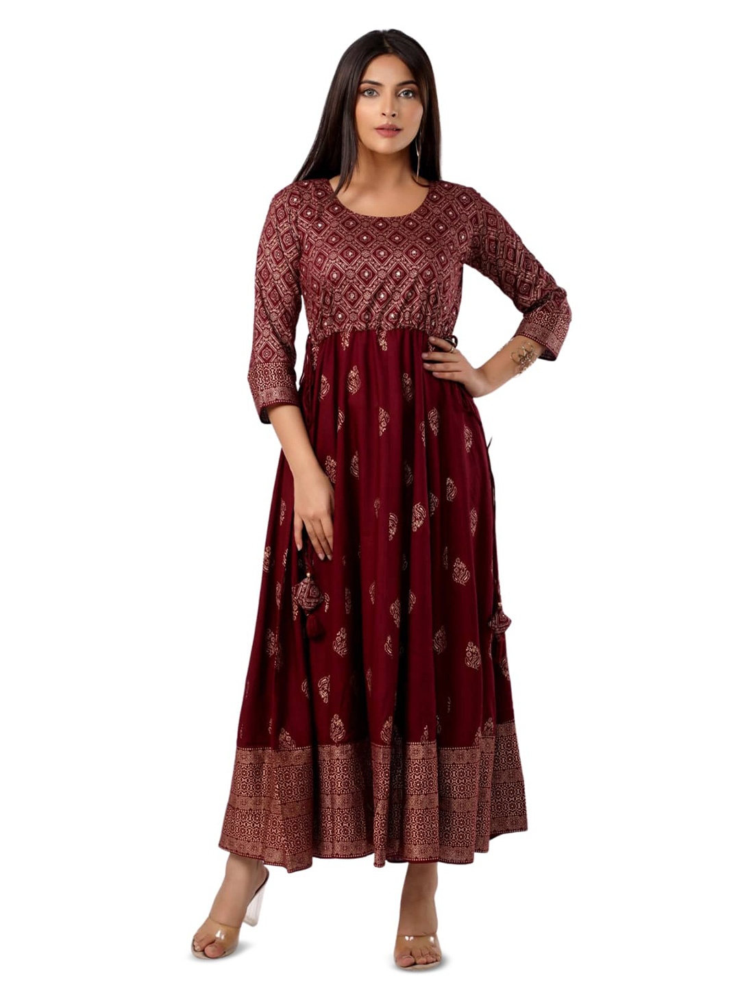 

Cloth Bites Printed Flared Ethnic Dress, Maroon