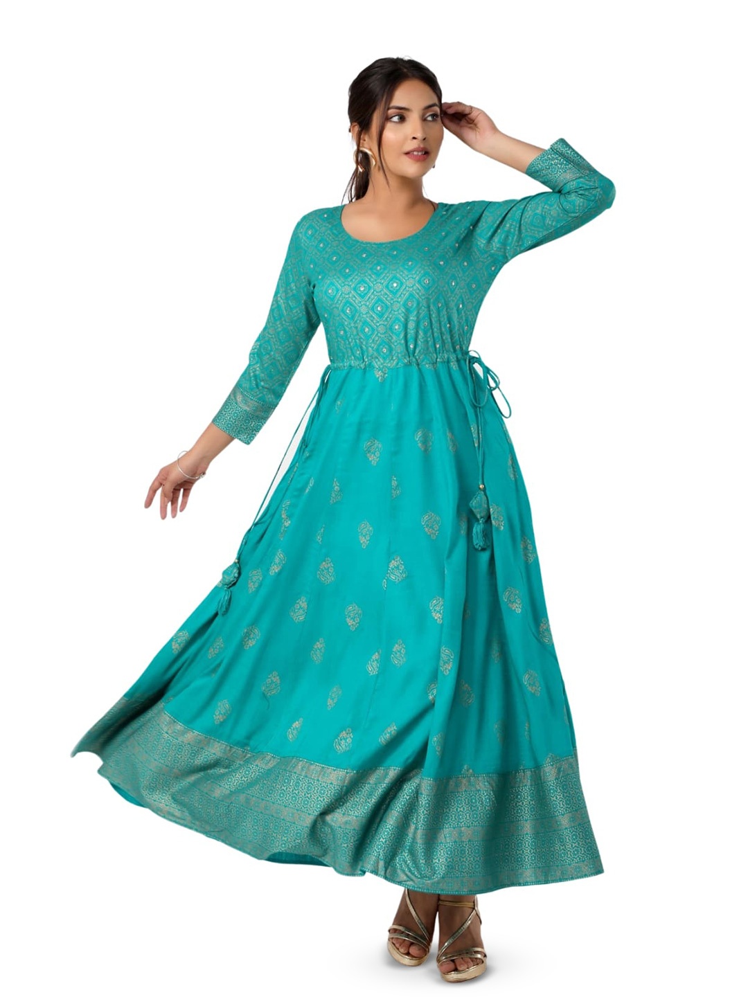 

Cloth Bites Printed Fit-&-Flare Ethnic Dress, Turquoise blue