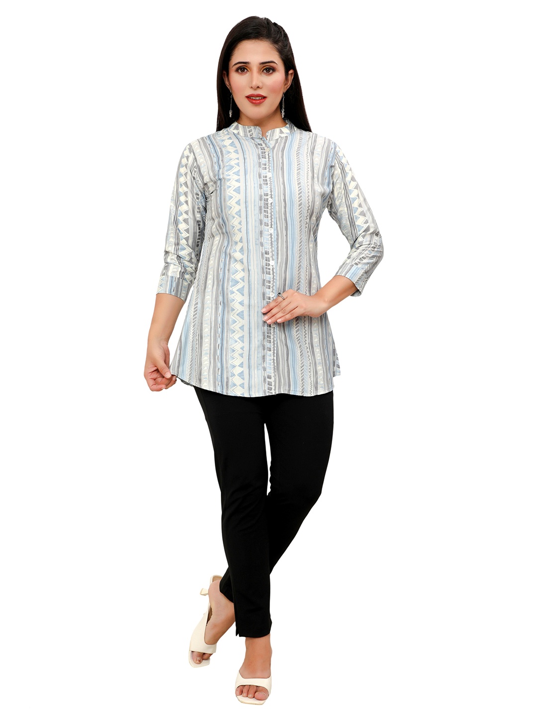 

Hy Fashion Mandarin Collar Printed Ethnic Tunic, Grey
