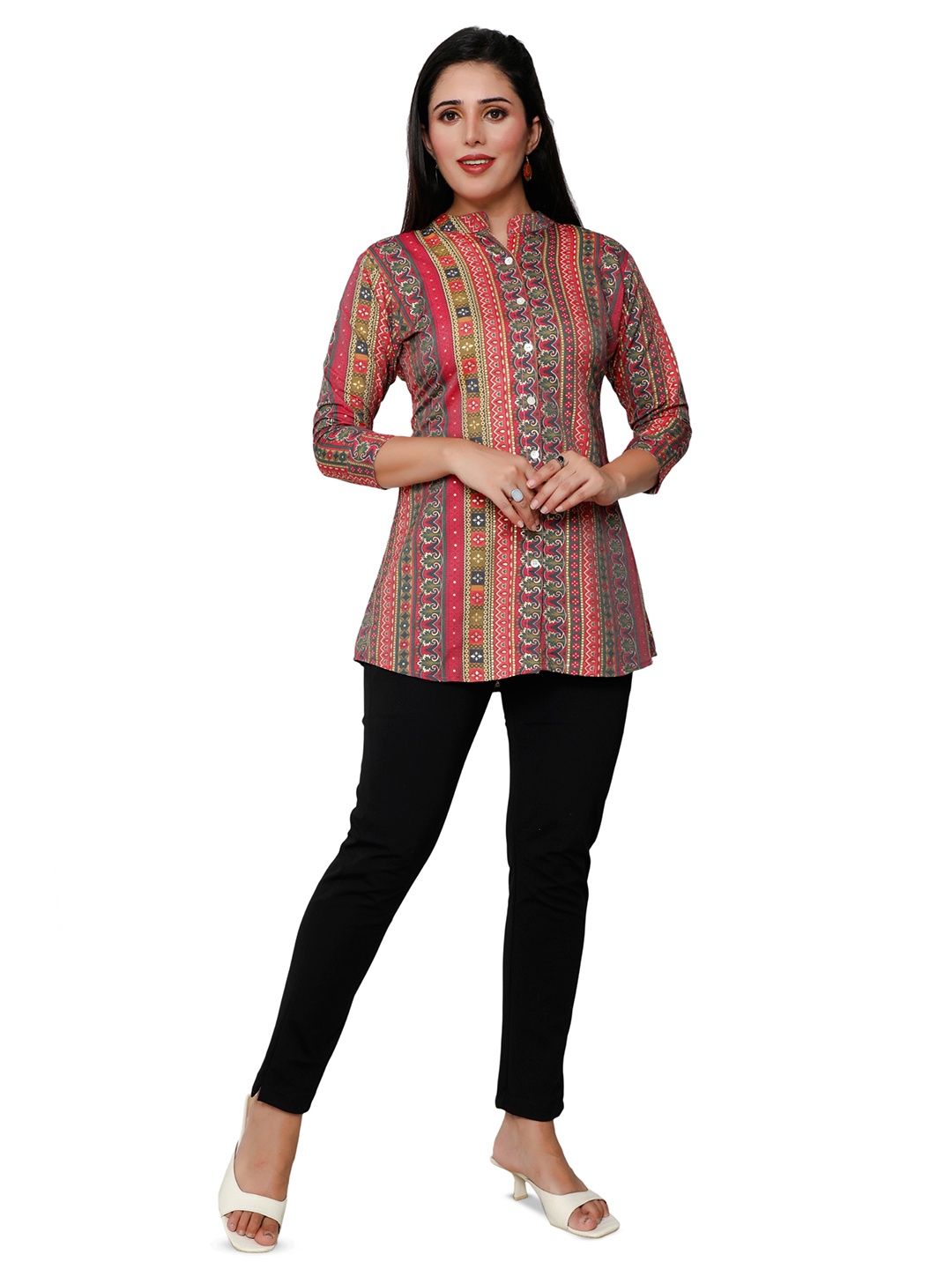 

Hy Fashion Mandarin Collar Printed Ethnic Tunic, Pink