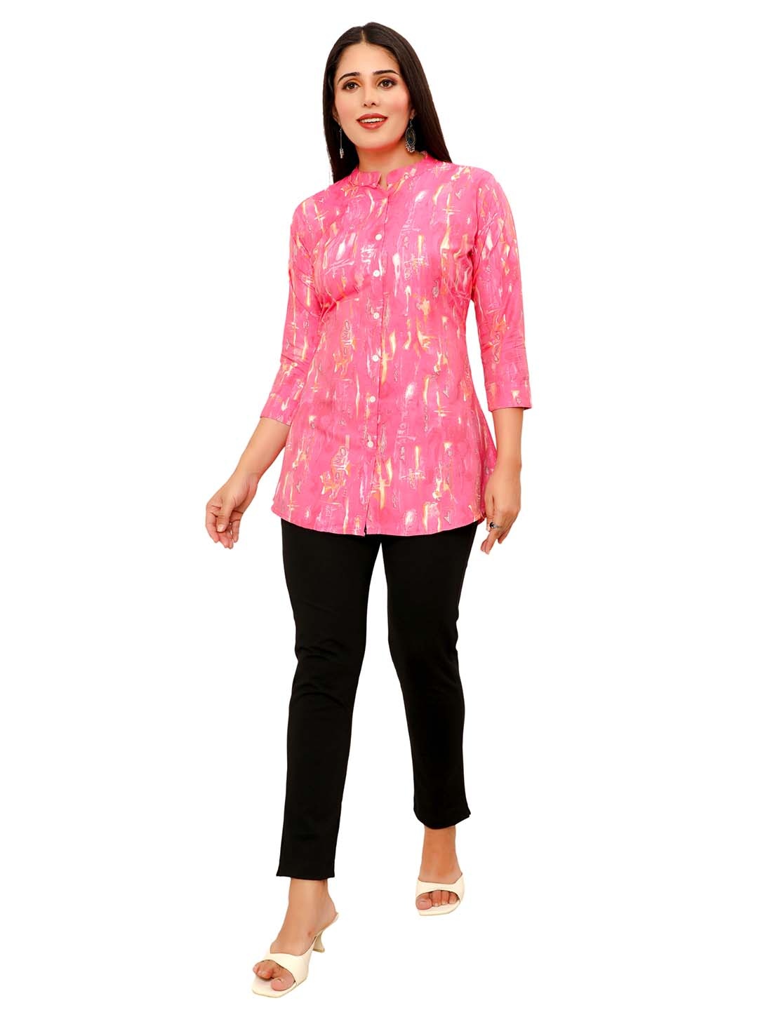 

Hy Fashion Women Mandarin Collar Printed Ethnic Tunic, Pink