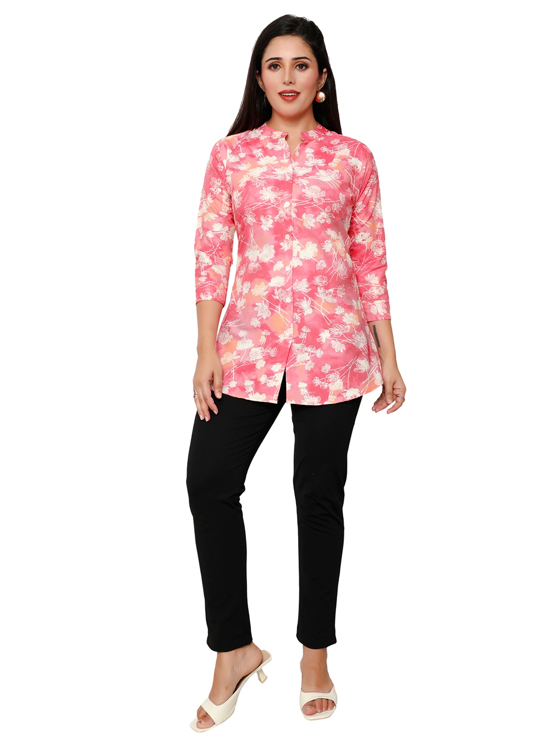 

Hy Fashion Women Mandarin Collar Printed Tunic Top, Pink