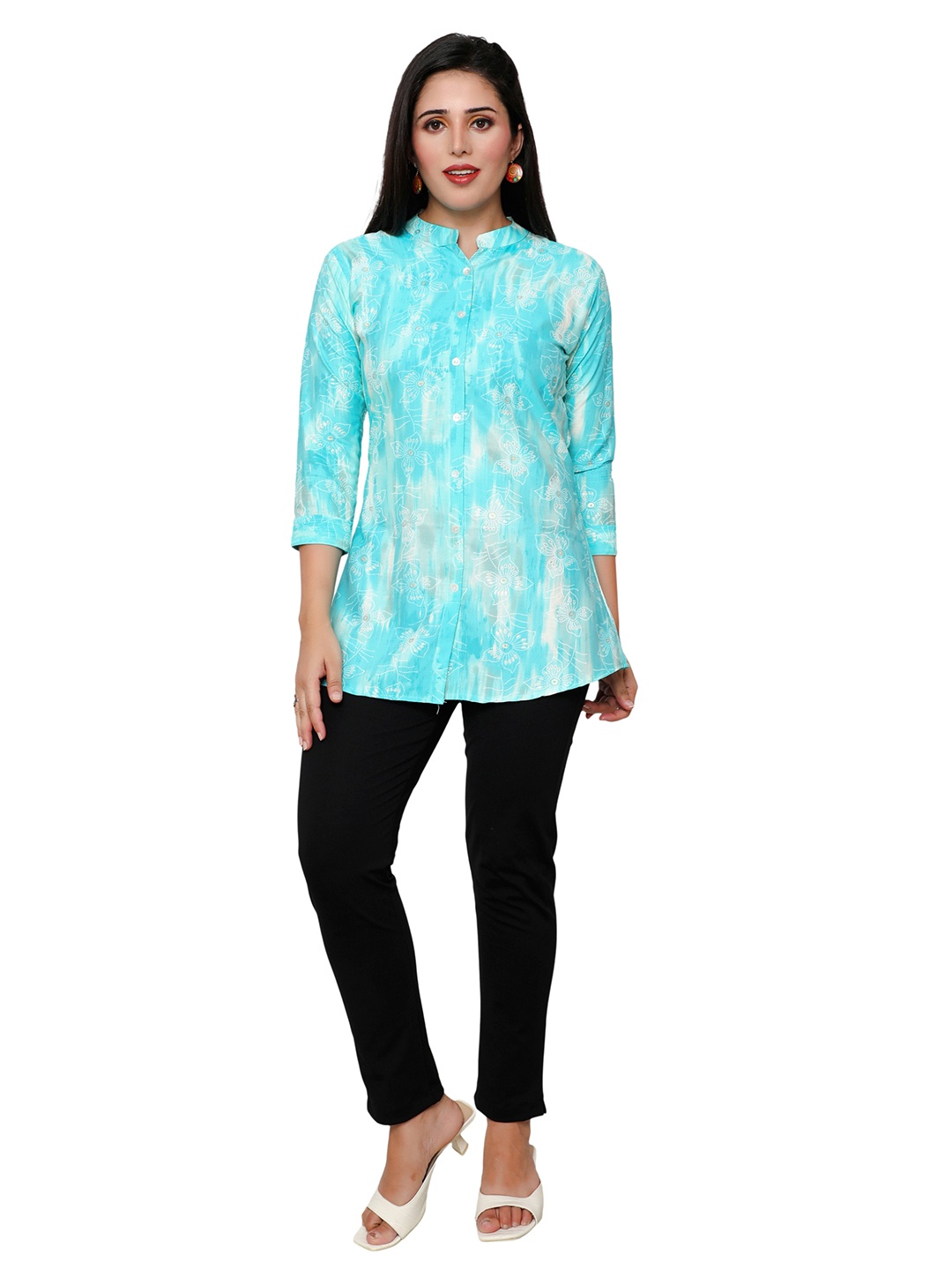 

Hy Fashion Mandarin Collar Printed Tunic, Turquoise blue