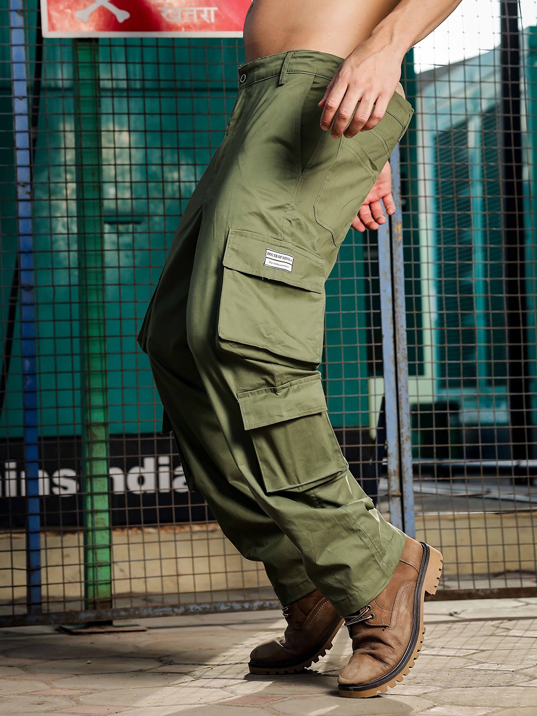 

House of Koala Unisex Mid-Rise Baggy Fit Pure Cotton Cargo Trousers, Olive