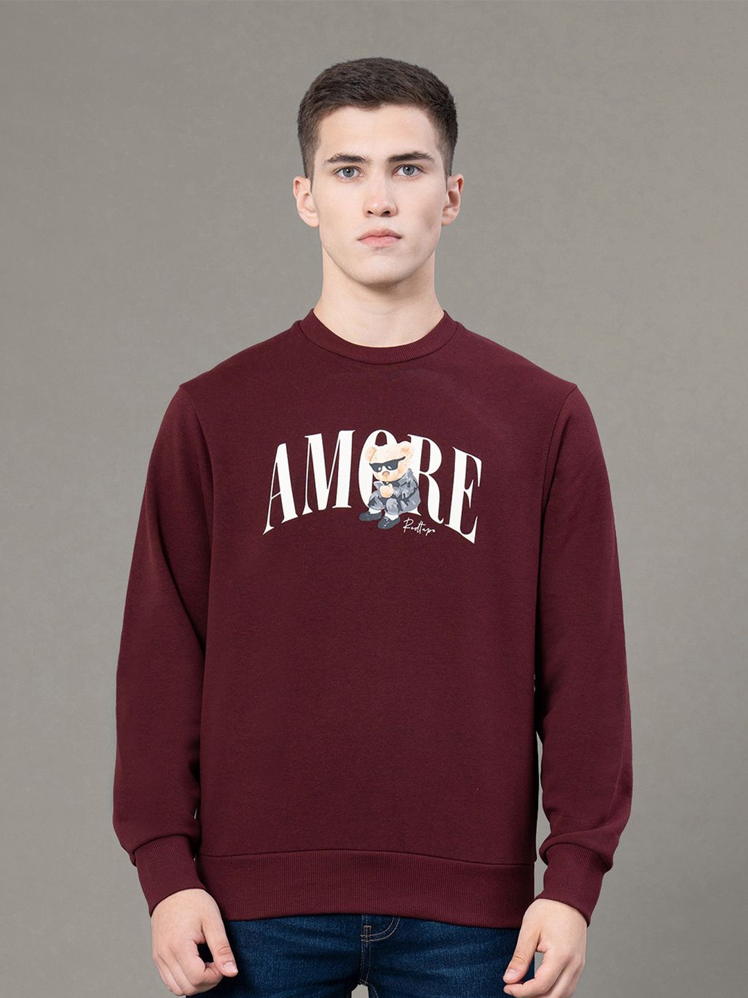 

Red Tape Men Graphic Print Fleece Baggy Fit Sweatshirt, Maroon