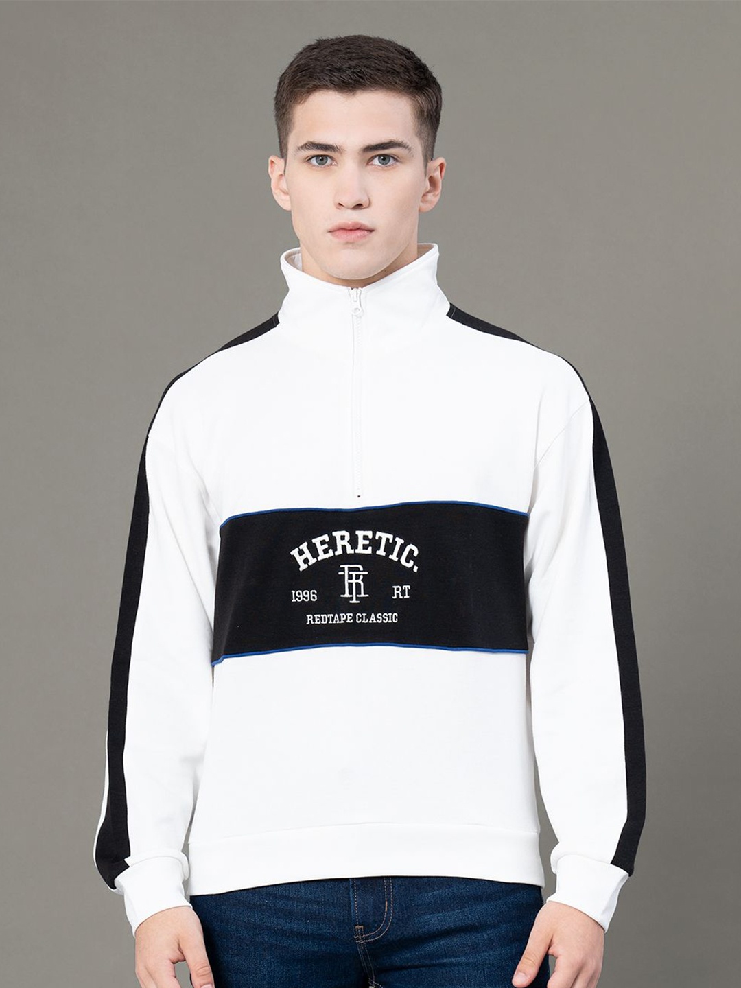 

Red Tape Men Colourblocked High Neck Baggy Fit Sweatshirt, Off white